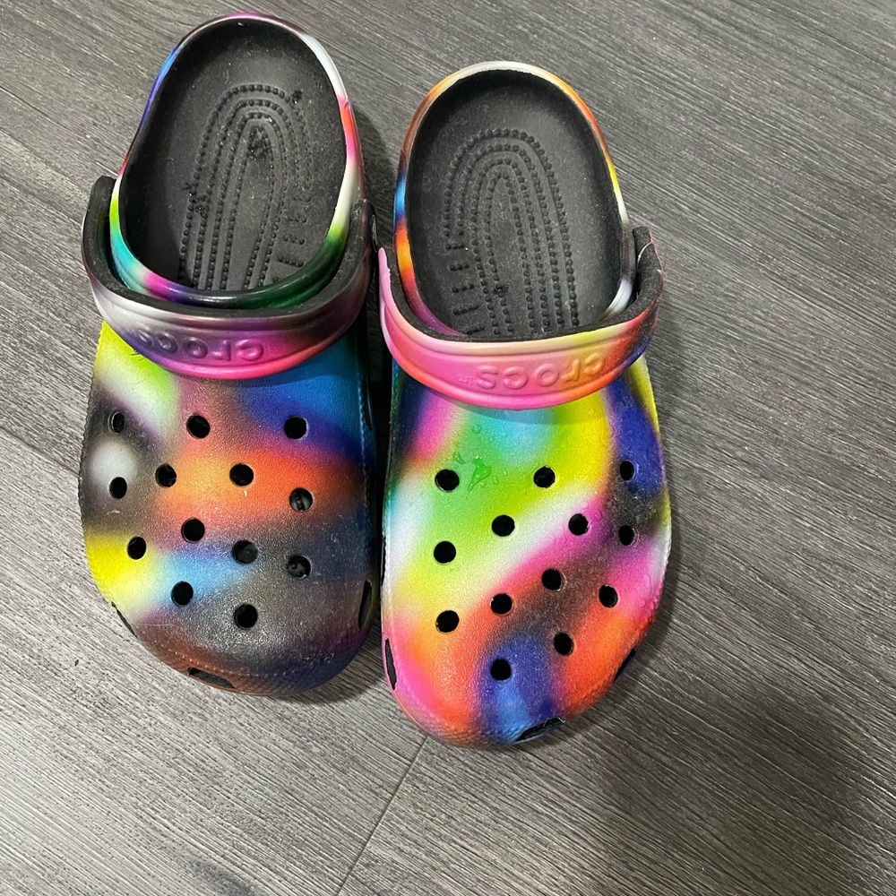 Black and multicolor rainbow CROCS